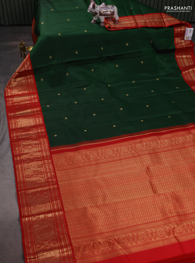 Pure kanchipuram silk saree green and red with zari woven buttas and long rich zari woven korvai border
