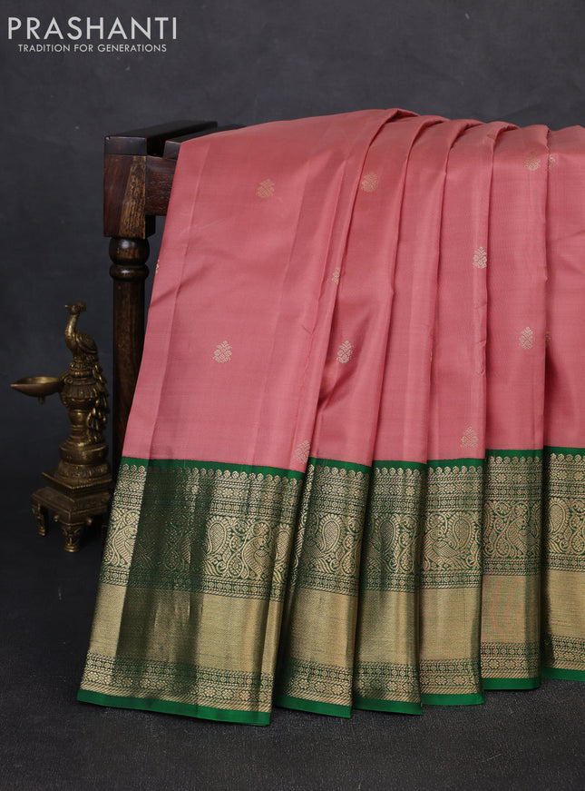 Pure kanchipuram silk saree dark peach and green with zari woven buttas and long rich zari woven korvai border