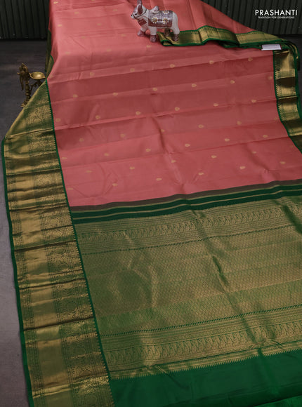 Pure kanchipuram silk saree dark peach and green with zari woven buttas and long rich zari woven korvai border