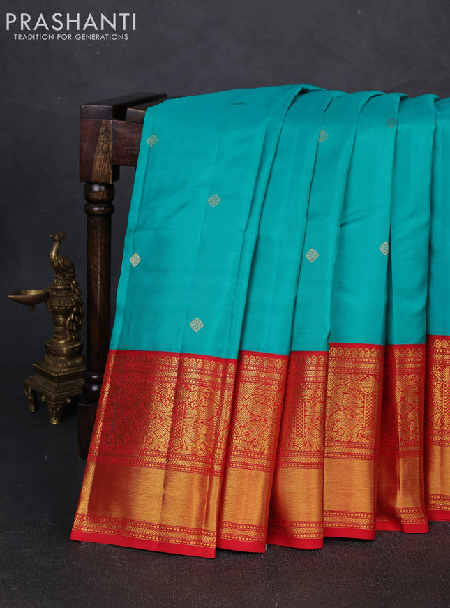 Pure kanchipuram silk saree teal blue and red with zari woven buttas and long rich zari woven korvai border