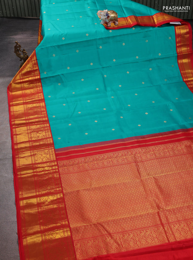 Pure kanchipuram silk saree teal blue and red with zari woven buttas and long rich zari woven korvai border