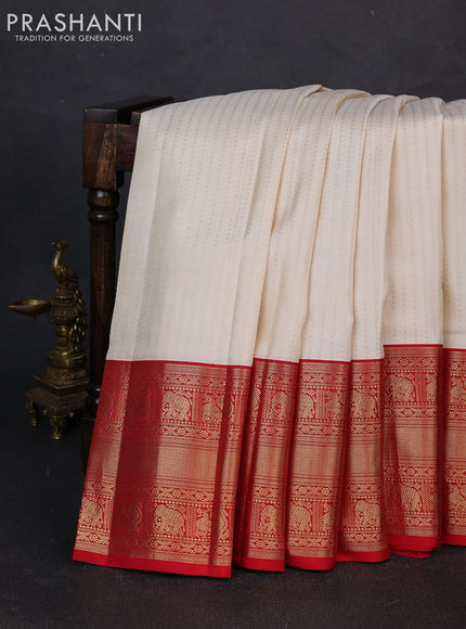 Pure kanchipuram silk saree off white and red with allover zari woven 1000 buttas and long zari woven korvai border