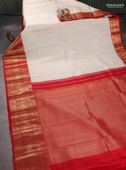 Pure kanchipuram silk saree off white and red with allover zari woven 1000 buttas and long zari woven korvai border