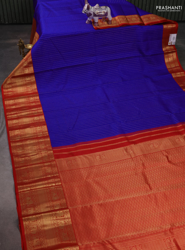 Pure kanchipuram silk saree royal blue and red with allover zari woven 1000 buttas and long zari woven korvai border