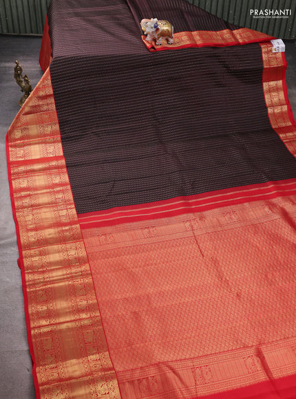 Pure kanchipuram silk saree coffee brown and red with allover zari woven 1000 buttas and long zari woven korvai border