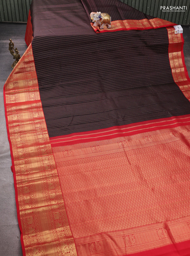 Pure kanchipuram silk saree coffee brown and red with allover zari woven 1000 buttas and long zari woven korvai border