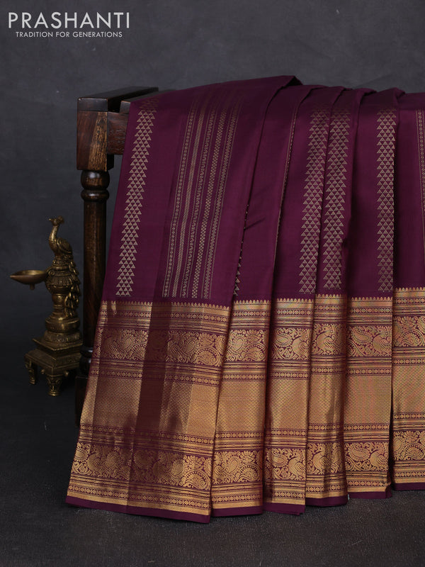 Pure kanchipuram silk saree deep purple with allover zari weaves and long rich zari woven border