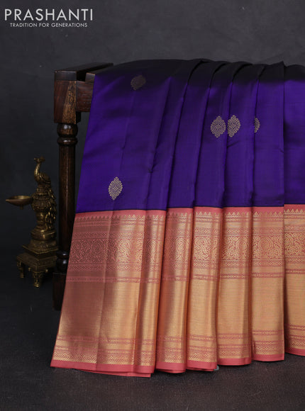 Pure kanchipuram silk saree violet and dark peach with zari woven buttas and long rich zari woven korvai border