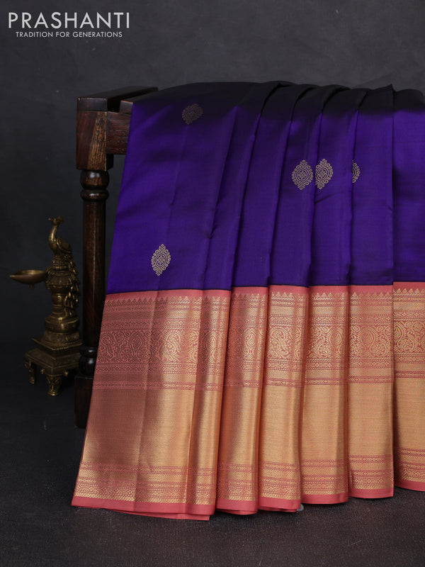 Pure kanchipuram silk saree violet and dark peach with zari woven buttas and long rich zari woven korvai border