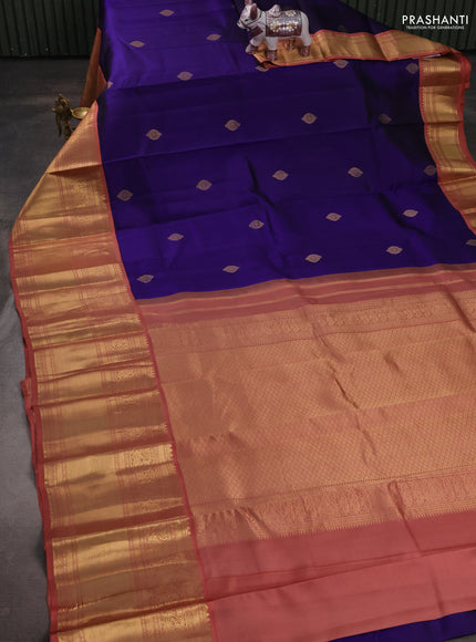 Pure kanchipuram silk saree violet and dark peach with zari woven buttas and long rich zari woven korvai border