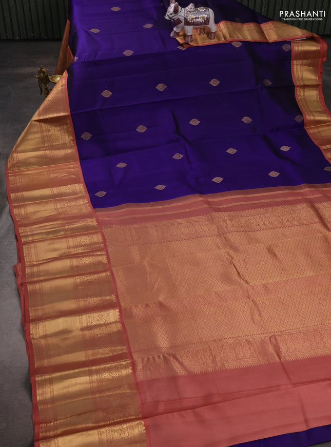 Pure kanchipuram silk saree violet and dark peach with zari woven buttas and long rich zari woven korvai border