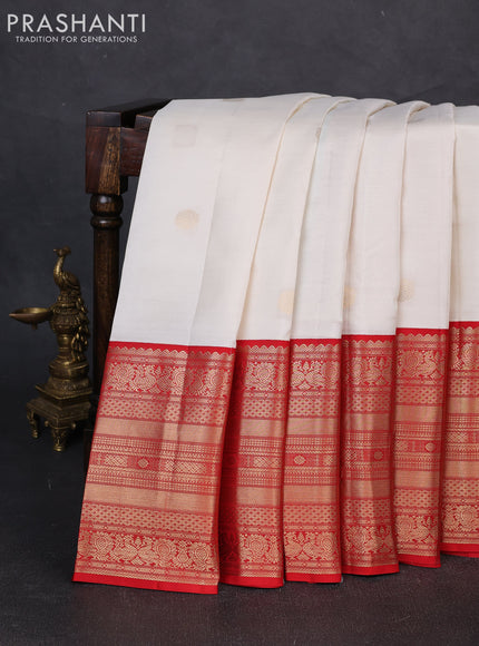 Pure kanchipuram silk saree off white and red with zari woven buttas and long rich zari woven korvai border