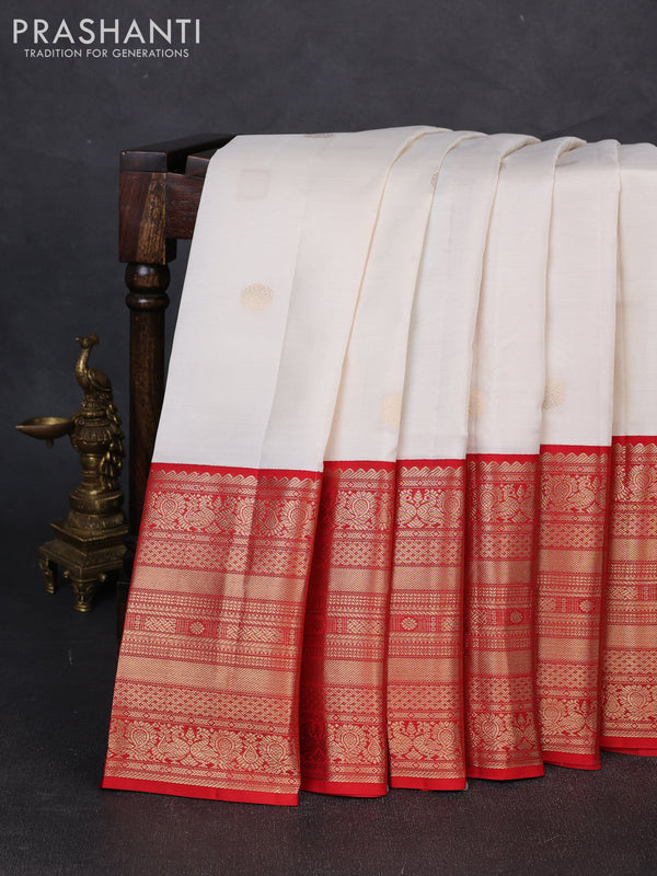 Pure kanchipuram silk saree off white and red with zari woven buttas and long rich zari woven korvai border