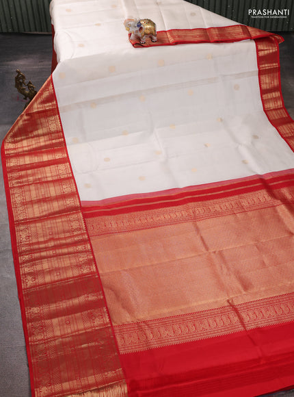 Pure kanchipuram silk saree off white and red with zari woven buttas and long rich zari woven korvai border