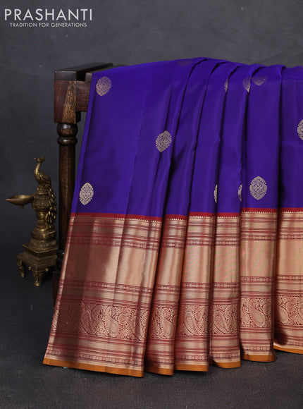Pure kanchipuram silk saree blue and dark mustard with zari woven buttas and long rich zari woven border