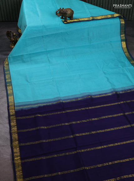 Silk cotton saree mild teal blue and navy blue with plain body and zari woven border