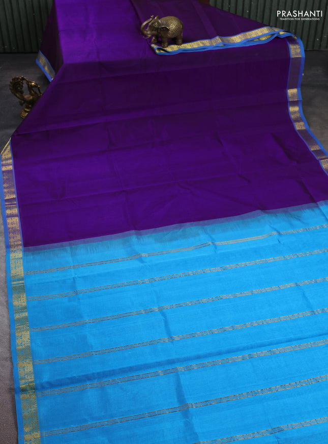 Silk cotton saree purple and light blue with plain body and zari woven border