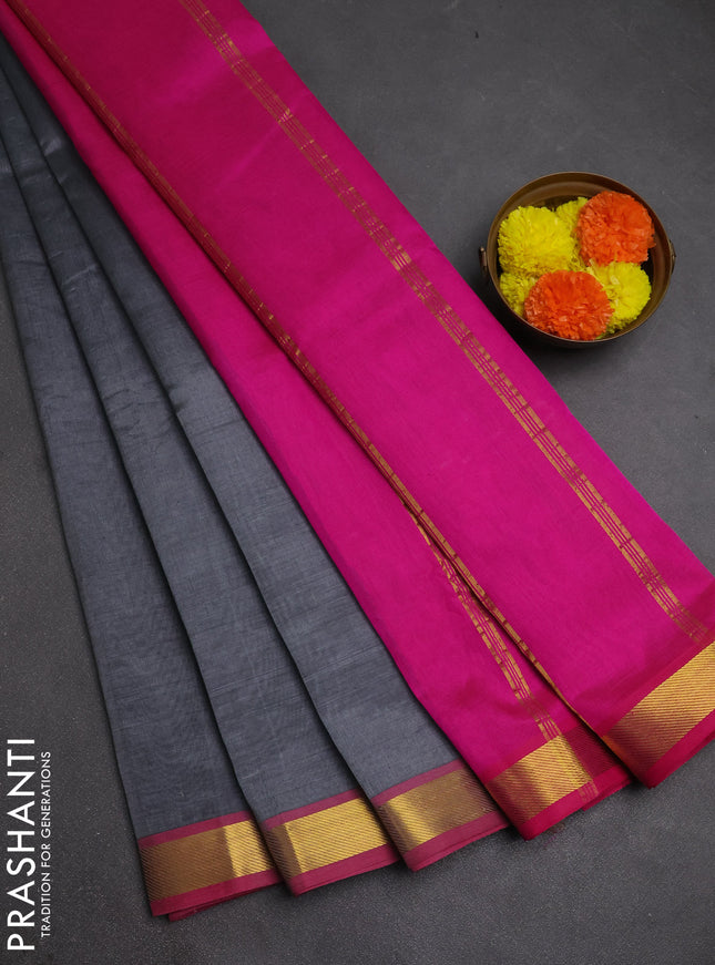 Silk cotton saree grey and pink with plain body and zari woven border