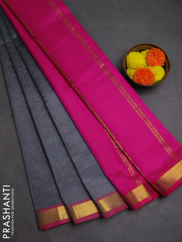 Silk cotton saree grey and pink with plain body and zari woven border