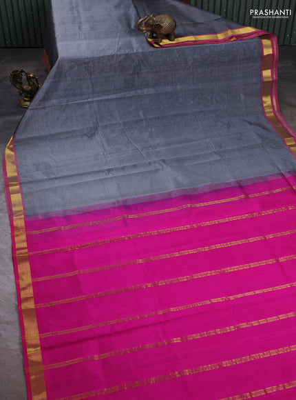 Silk cotton saree grey and pink with plain body and zari woven border