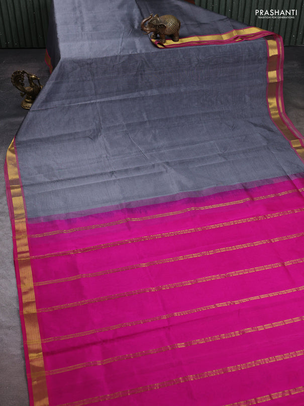 Silk cotton saree grey and pink with plain body and zari woven border