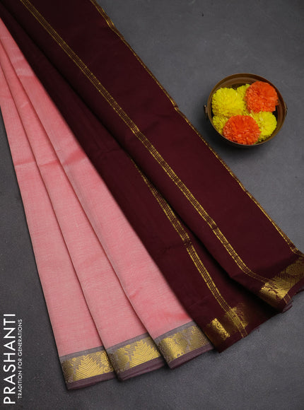 Silk cotton saree mild peach and coffee brown with plain body and zari woven border