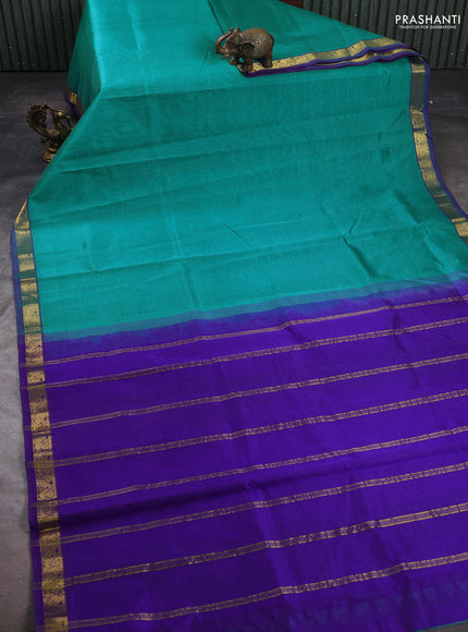 Silk cotton saree teal green and blue with allover stripe pattern and zari woven border