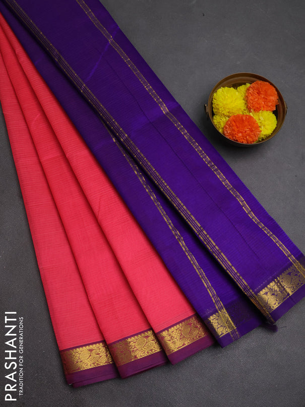 Silk cotton saree candy pink and blue with allover stripe pattern and zari woven border