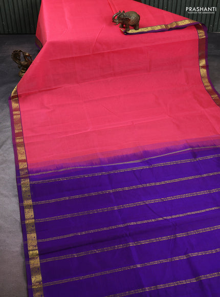 Silk cotton saree candy pink and blue with allover stripe pattern and zari woven border