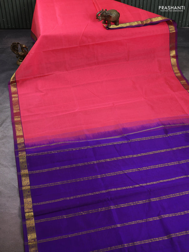 Silk cotton saree candy pink and blue with allover stripe pattern and zari woven border
