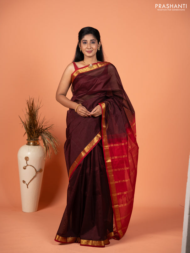 Silk cotton saree coffee brown and red with plain body and zari woven border