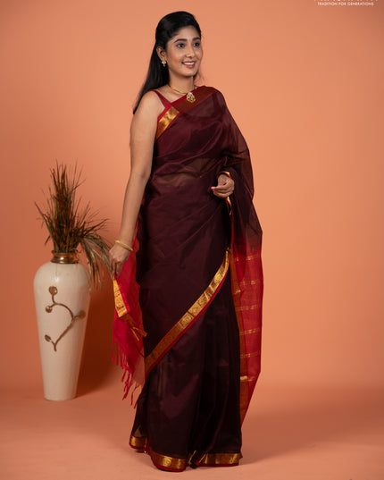 Silk cotton saree coffee brown and red with plain body and zari woven border