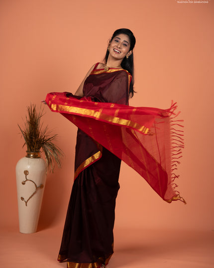 Silk cotton saree coffee brown and red with plain body and zari woven border
