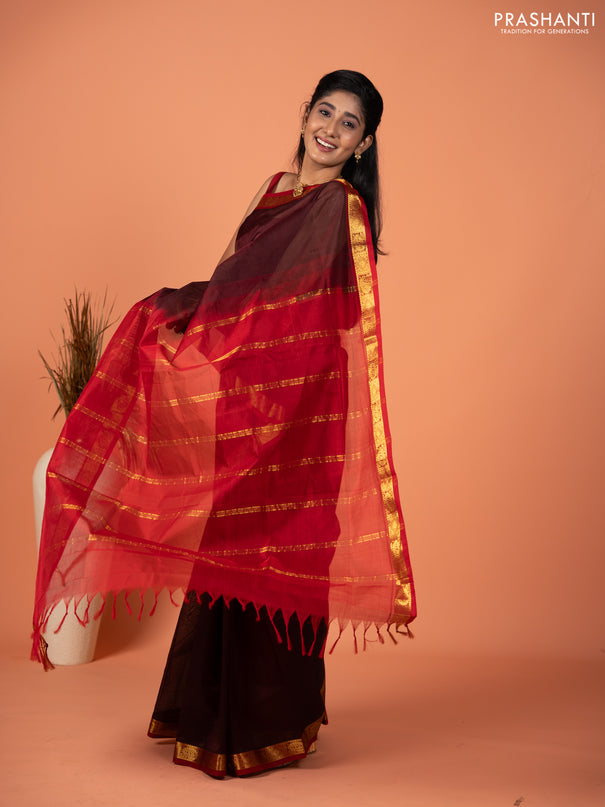 Silk cotton saree coffee brown and red with plain body and zari woven border