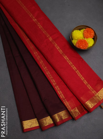 Silk cotton saree coffee brown and red with plain body and zari woven border