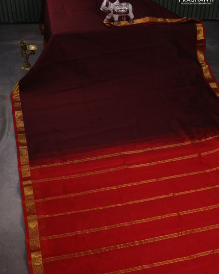 Silk cotton saree coffee brown and red with plain body and zari woven border