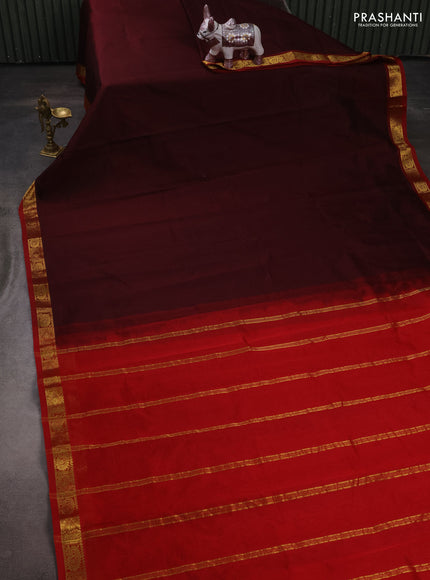 Silk cotton saree coffee brown and red with plain body and zari woven border