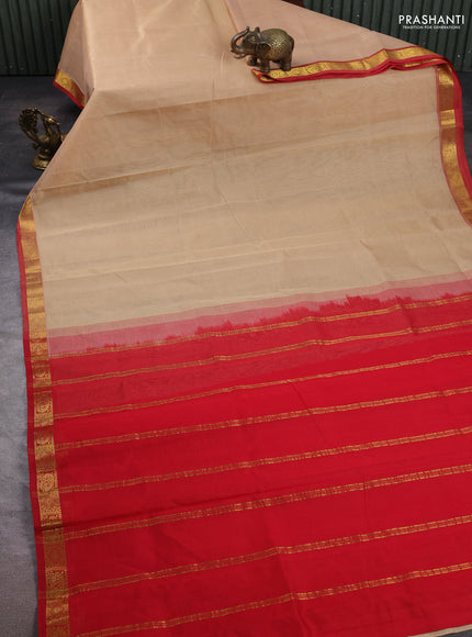 Silk cotton saree beige and red with plain body and zari woven border