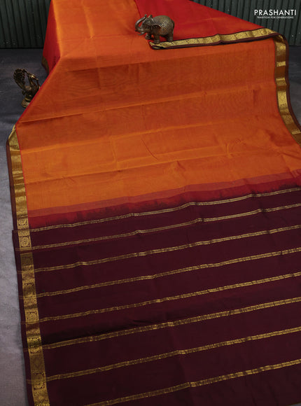 Silk cotton saree honey shade and coffee brown with plain body and zari woven border