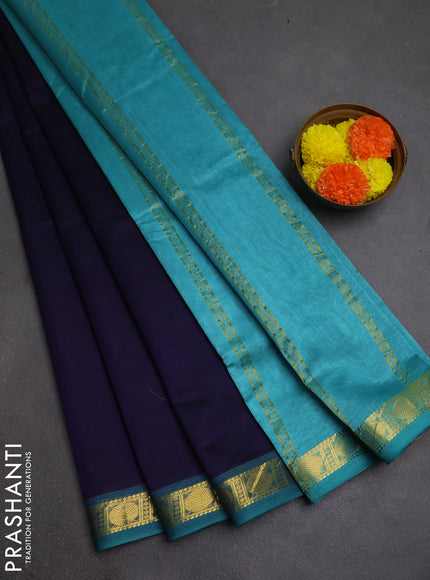 Silk cotton saree navy blue and teal blue with plain body and zari woven border