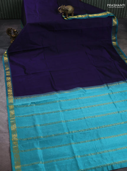 Silk cotton saree navy blue and teal blue with plain body and zari woven border