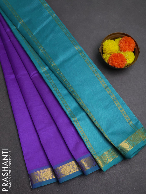 Silk cotton saree lavender and teal blue with plain body and zari woven border