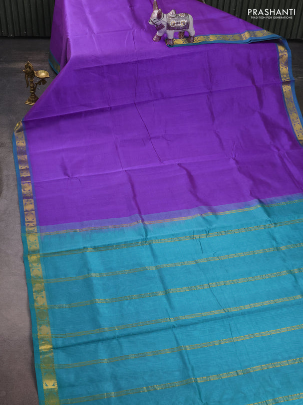 Silk cotton saree lavender and teal blue with plain body and zari woven border