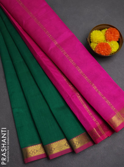 Silk cotton saree green and pink with plain body and zari woven border