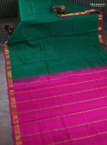 Silk cotton saree green and pink with plain body and zari woven border