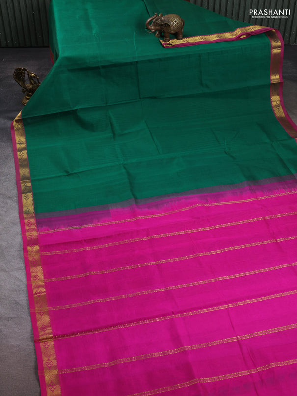 Silk cotton saree green and pink with plain body and zari woven border