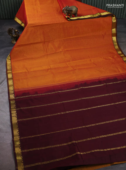 Silk cotton saree sunset orange and coffee brown with plain body and zari woven border
