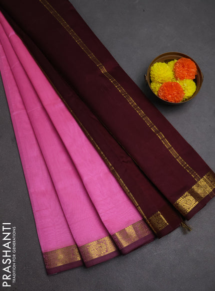 Silk cotton saree light pink and coffee brown with plain body and zari woven border