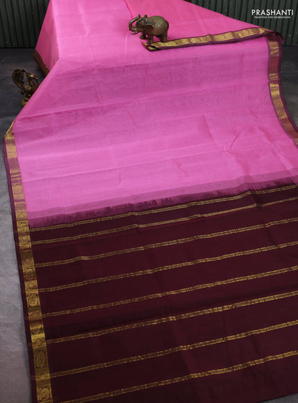 Silk cotton saree light pink and coffee brown with plain body and zari woven border