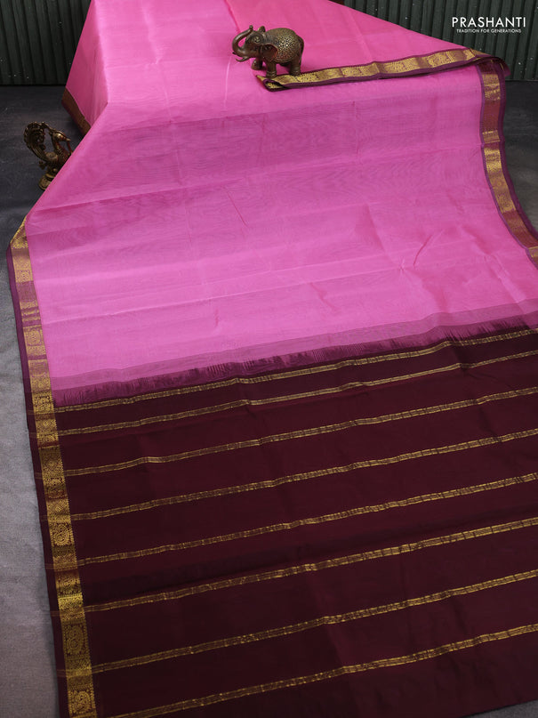 Silk cotton saree light pink and coffee brown with plain body and zari woven border